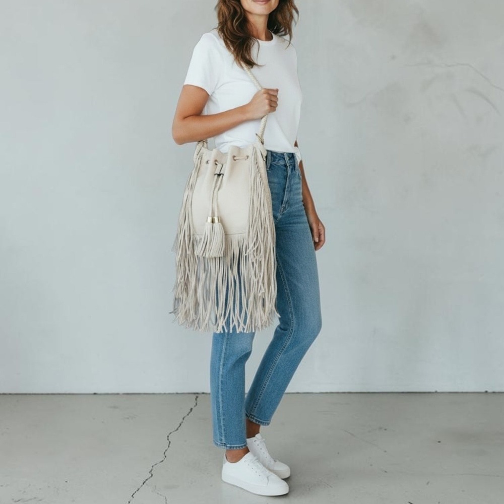 Yoki Bohemian Ivory Faux Leather Fringe Drawstring Bucket Bag NWOT